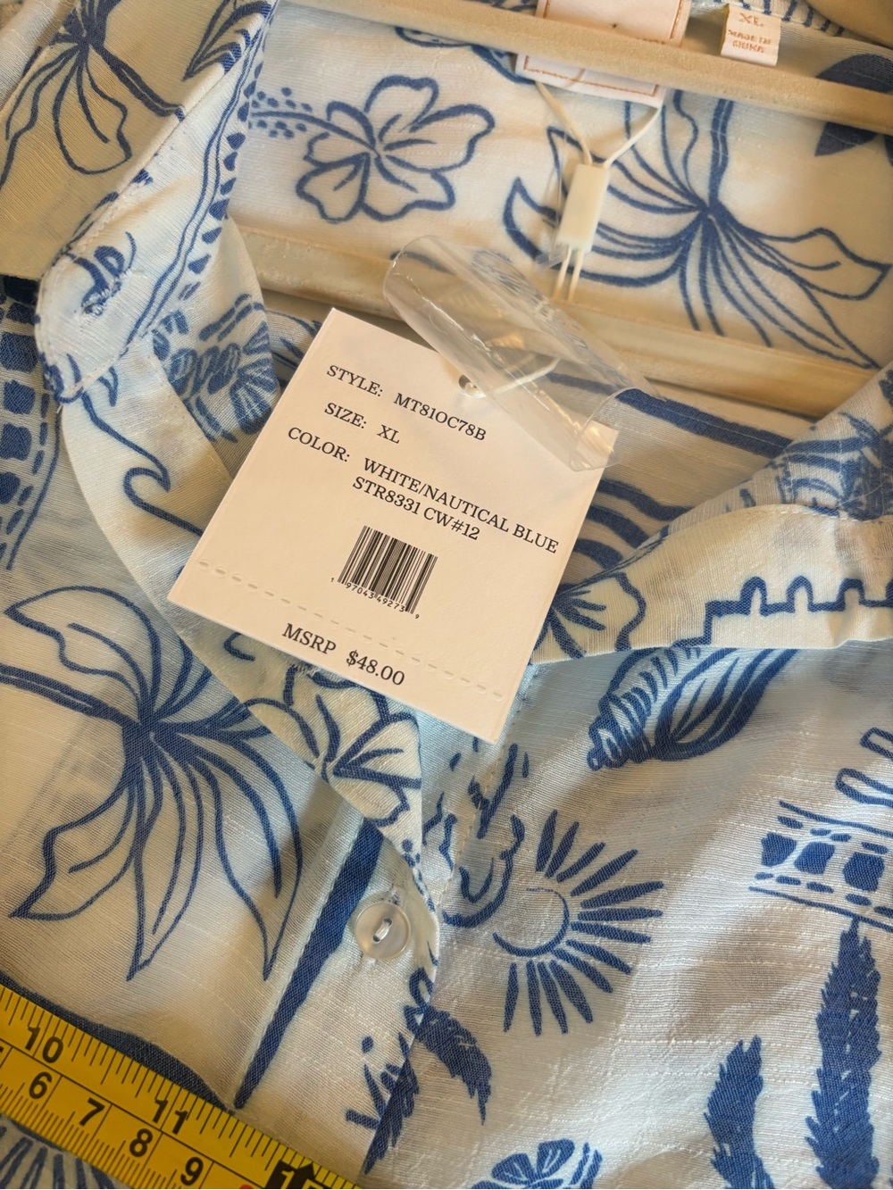 Zac & Rachel White linen blend Shirt with Blue Tropical Print XL - Picture 7 of 8